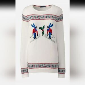 Lands End Ski FairIsle Design 100% Supima Cotton Sweater White Winter M MT